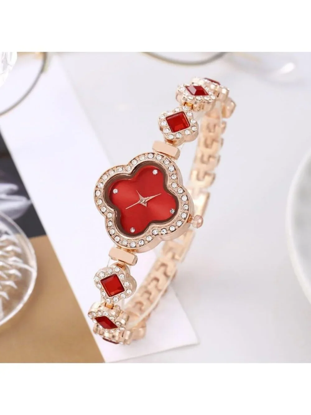 Women's Red Diamond Bracelet Fashion Dress Quartz Luxury Elegant Wrist Watch